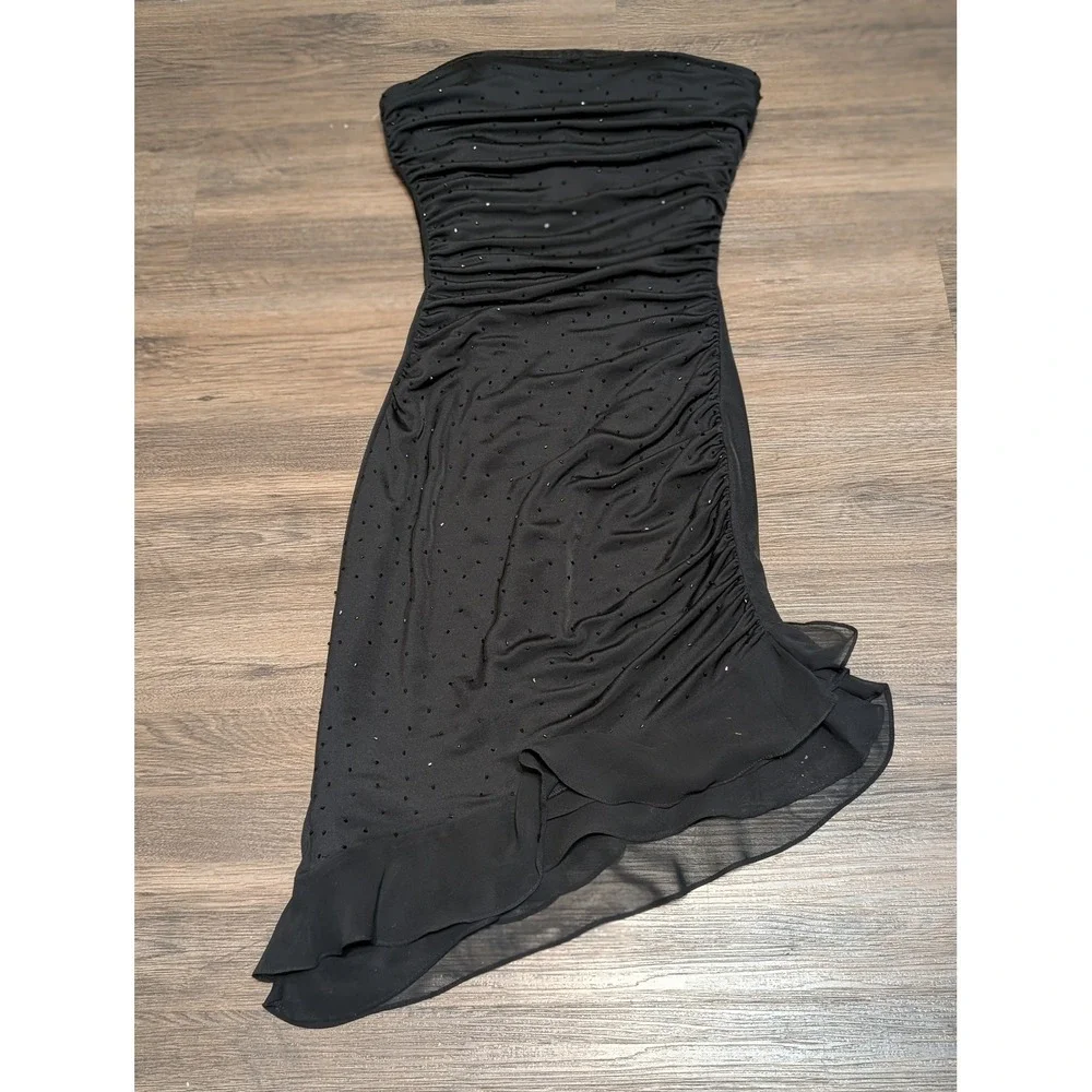 Cache Vintage Y2K Black Beaded Strapless Ruched Asymmetrical Ruffle Dress Size 2